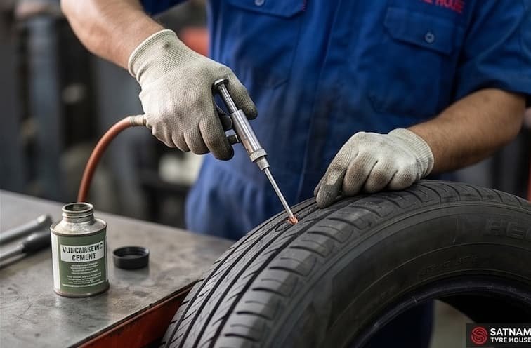 Tubeless car tyre puncture repair at Satnam Tyre House Dilshad Garden Delhi