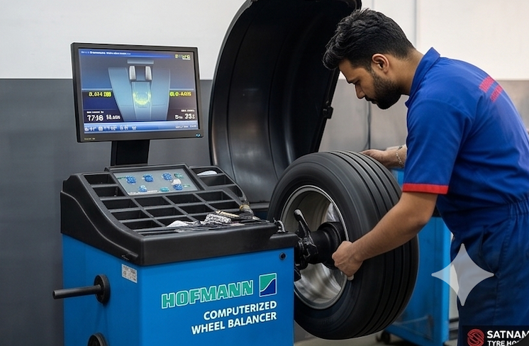 Computerised wheel balancing service at Satnam Tyre House Dilshad Garden Delhi
